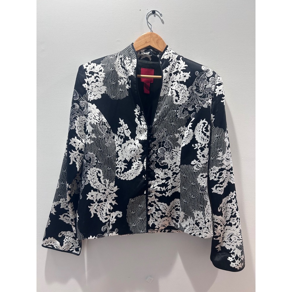 JS Collections Silk Blazer Women 12 Black White Damask Lace Print Evening Jacket